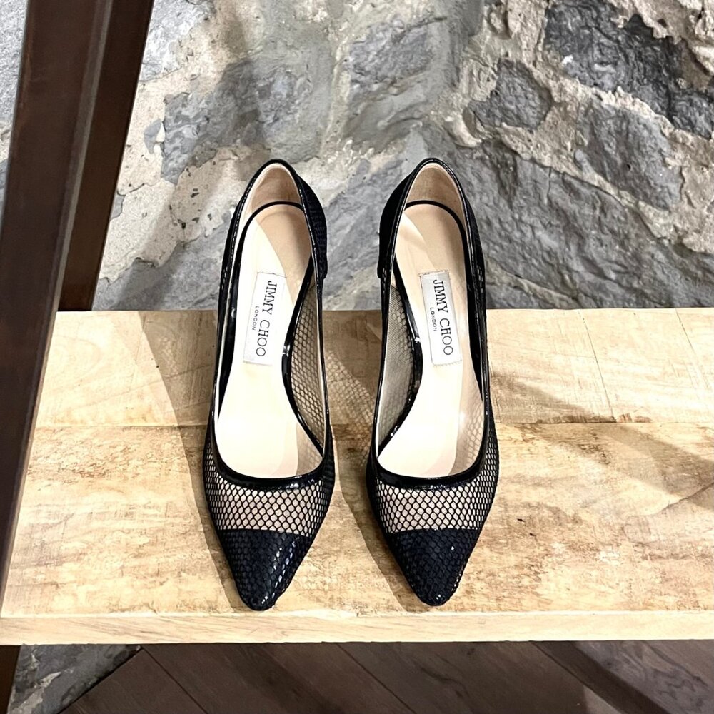 Jimmy Choo Black Patent Romy Mesh 100 Pumps - Picture 2 of 11
